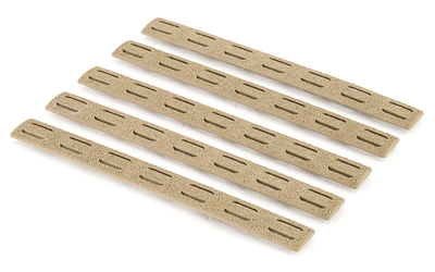 Five tan rail covers with slots.