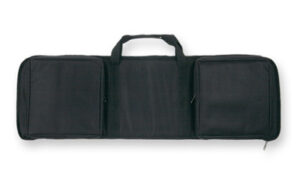 Black padded instrument case with handle and pockets