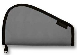 Gray gun case with black trim and zipper.