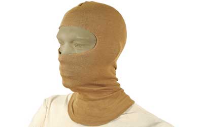 Brown balaclava on mannequin head, side view.