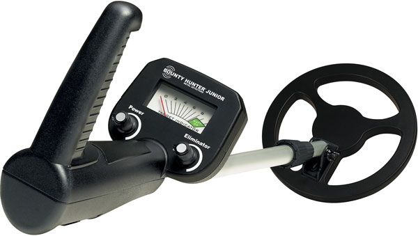 Handheld metal detector with control panel and coil.