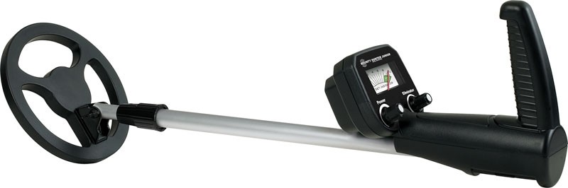 Handheld metal detector with digital display and controls.