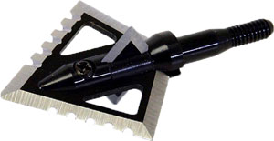 Sharp hunting broadhead arrow with black tip.