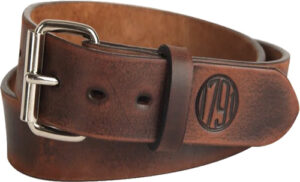 Brown leather belt with silver buckle