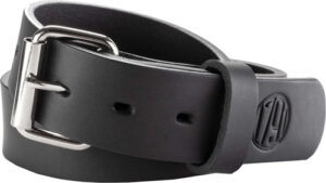 Black leather belt with metal buckle