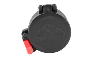 Black scope cover with mountain logo and red latch.