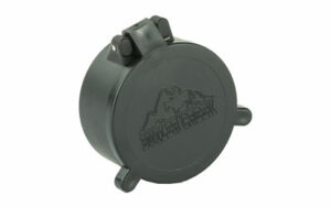 Round black rifle scope cover with logo