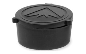 Black round container with a lid.