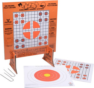Orange firearms target system with paper targets.