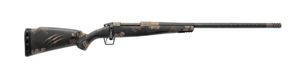 Carbon fiber hunting rifle with camouflage pattern.