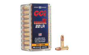 CCI Velocitor .22 LR ammunition box and bullets.