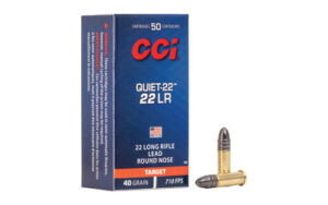 CCI Quiet-22 LR ammunition box with bullets.