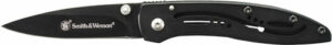 Black folding pocket knife, Smith & Wesson brand.