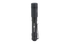 High-quality gray tactical flashlight on white background.