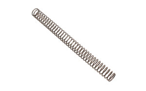 Coiled metal spring on white background.