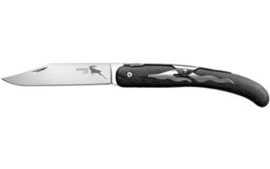 Folding knife with black handle and stainless blade.