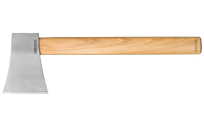 Wood-handled axe with a steel blade.