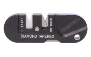 Pocket knife sharpener with ceramic and carbide slots.