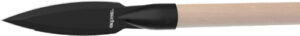 Garden tool with wooden handle and black blade.