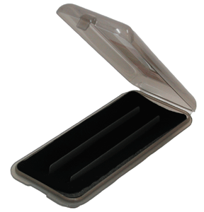 Open black velvet pen box with clear lid.