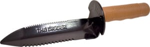 Gardening trowel with serrated edges and handle