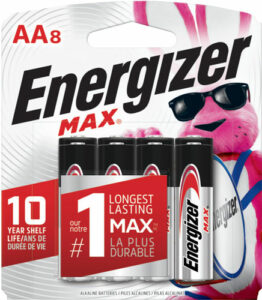 Energizer AA8 batteries, long-lasting power, bunny mascot.