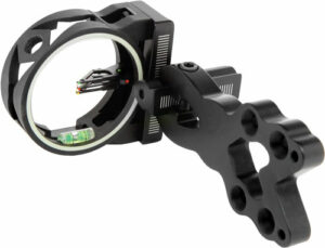 Archery sight with level and adjustment knobs.