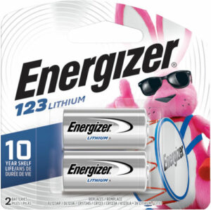 Energizer 123 lithium batteries, 10-year shelf life.