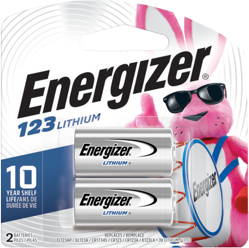 Energizer 123 lithium batteries, 10-year shelf life.