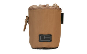Brown drawstring storage pouch with logo