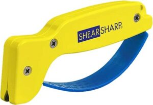 Yellow ShearSharp knife sharpener with blue handle.
