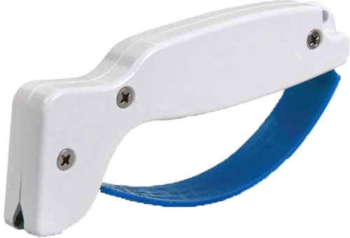 White plastic can opener with blue handle.
