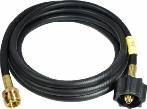 Black propane gas hose with brass connectors.