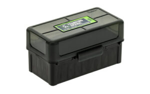 Black plastic storage box with latch and label