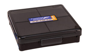 Black ammunition storage case with label.
