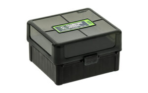 Black plastic storage case with lid.