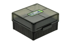 Black plastic storage box with transparent lid.