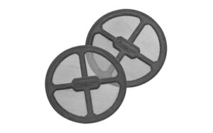 Two black mesh round covers with center cross design.