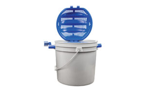 White bucket with blue filter lid on top.