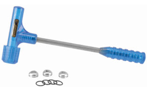 Blue bullet puller with accessories on white background.