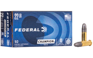 Federal Champion .22 LR ammunition box and bullet