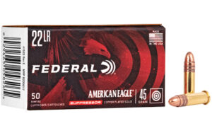 Federal 22LR American Eagle ammunition box with bullets.