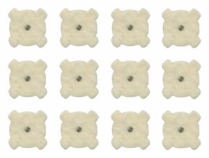 Twelve white square felt filter pads displayed