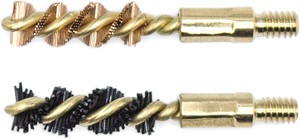 Two brass gun cleaning brushes on white background.