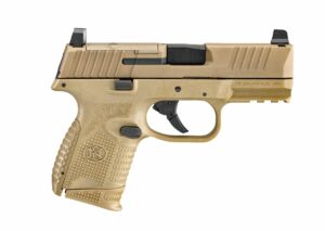 Tan semi-automatic pistol with textured grip.