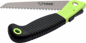 Folding hand saw with green and black handle