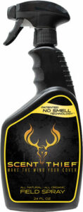 Scent Thief field spray bottle, scent masking product.