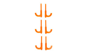 Orange plastic clips arranged in three vertical pairs.