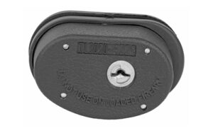 Black gun trigger lock with keyhole and serial number.