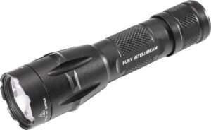 Black tactical flashlight with textured grip